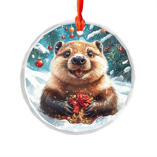Beautiful Angus Beaver Christmas Night Design 2 Glass Ornament