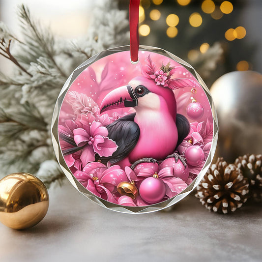 Toucan Pink Christmas Design 2 Glass Ornament