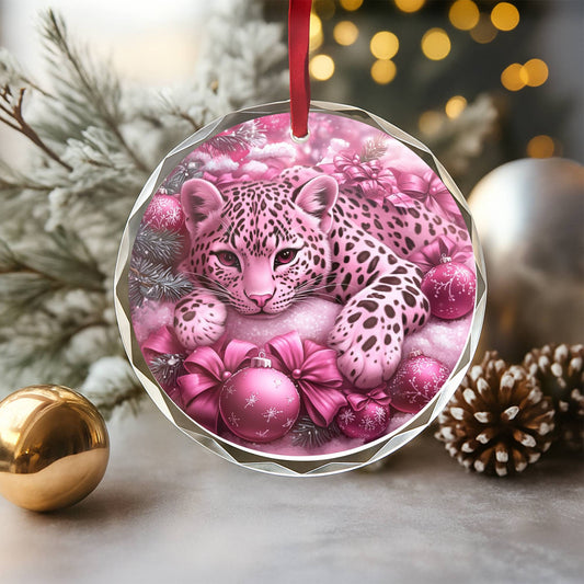 Leopard Pink Christmas Design 2 Glass Ornament