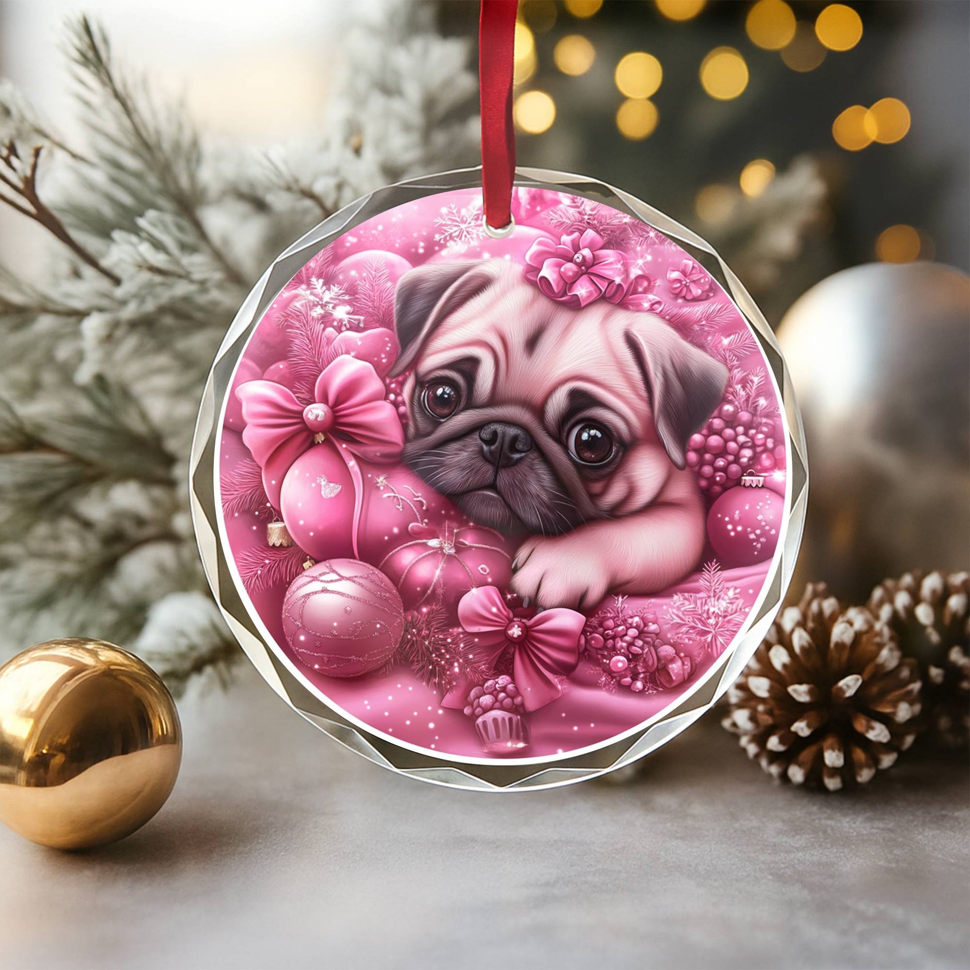 Pug Dog Pink Christmas Design 4 Glass Ornament