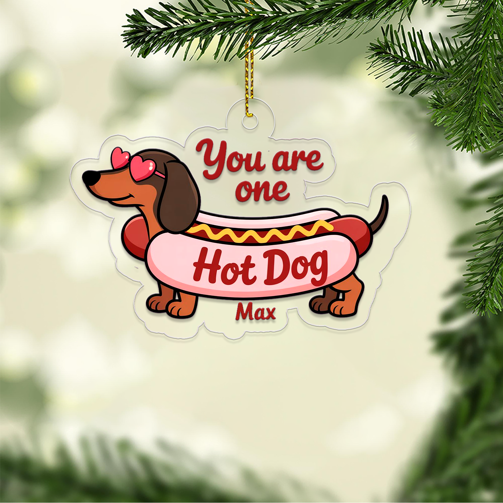 Personalized Funny Dachshund Hot Dog Ornament, Funny Hot Dog Gifts Ornament, Decoration for Dog Lovers, Ornament for Foodies