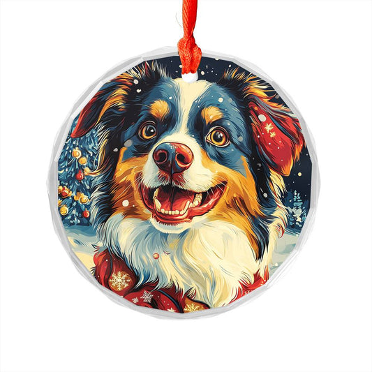 Beautiful Angus Australian Shepherd Dog Christmas Night Design 3 Glass Ornament