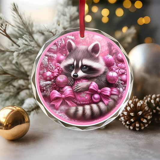 Racoon Pink Christmas Design 1 Glass Ornament