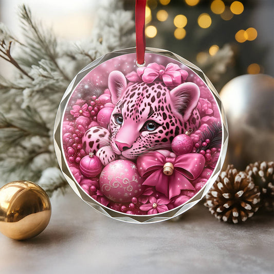 Leopard Pink Christmas Design 3 Glass Ornament