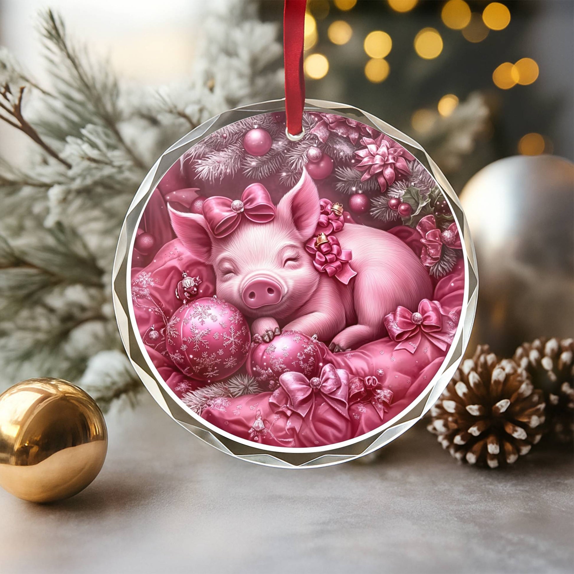 Pig Pink Christmas Design 1 Glass Ornament