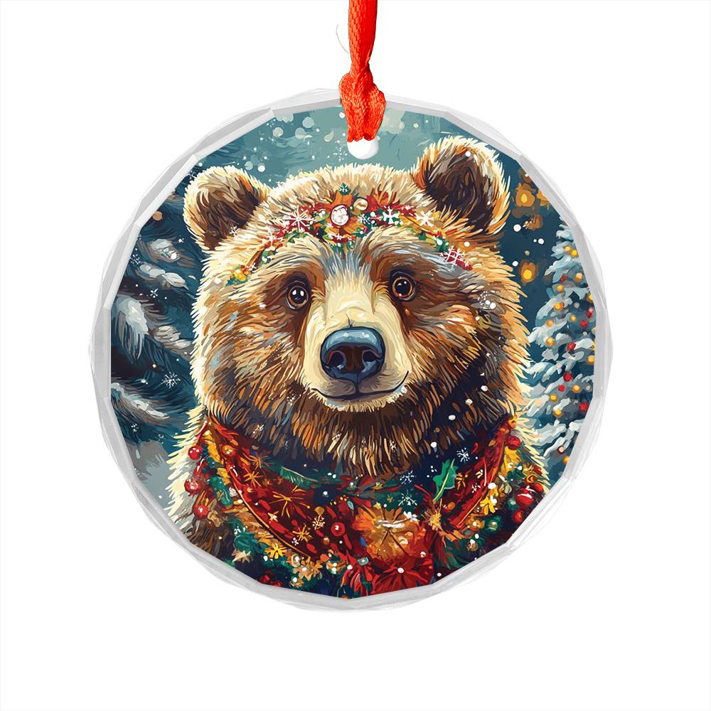 Beautiful Angus Grizzly Bear Christmas Night Design 2 Glass Ornament