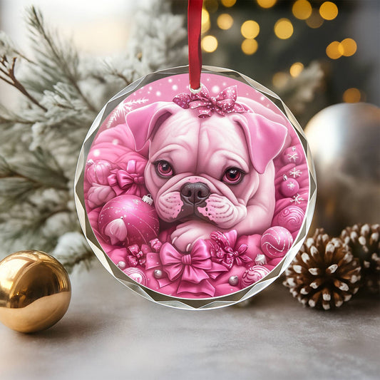 Bulldog Pink Christmas Design 3 Glass Ornament