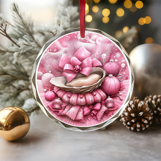 Oysters Pink Christmas Design 2 Glass Ornament