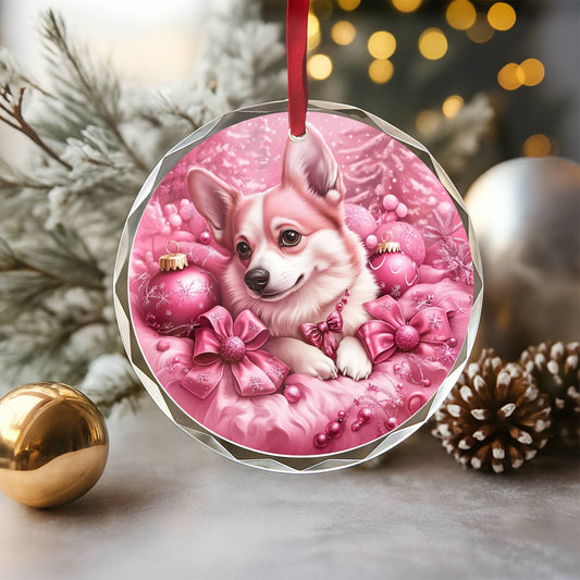 Pembroke Welsh Corgi Dog Pink Christmas Design 2 Glass Ornament