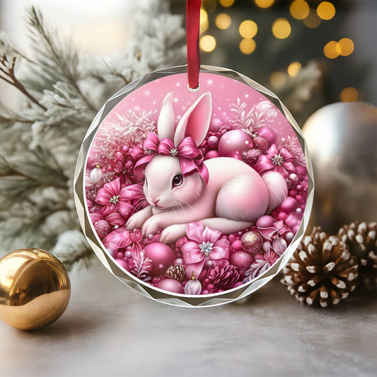 Rabbit Pink Christmas Design 2 Glass Ornament