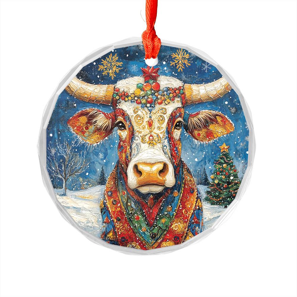 Beautiful Longhorn Cow Christmas Night Design 2 Glass Ornament