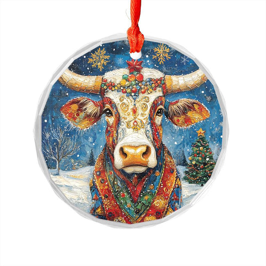 Beautiful Longhorn Cow Christmas Night Design 2 Glass Ornament