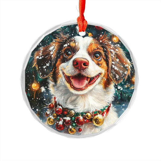 Beautiful Brittany Dog Christmas Night Design 4 Glass Ornament