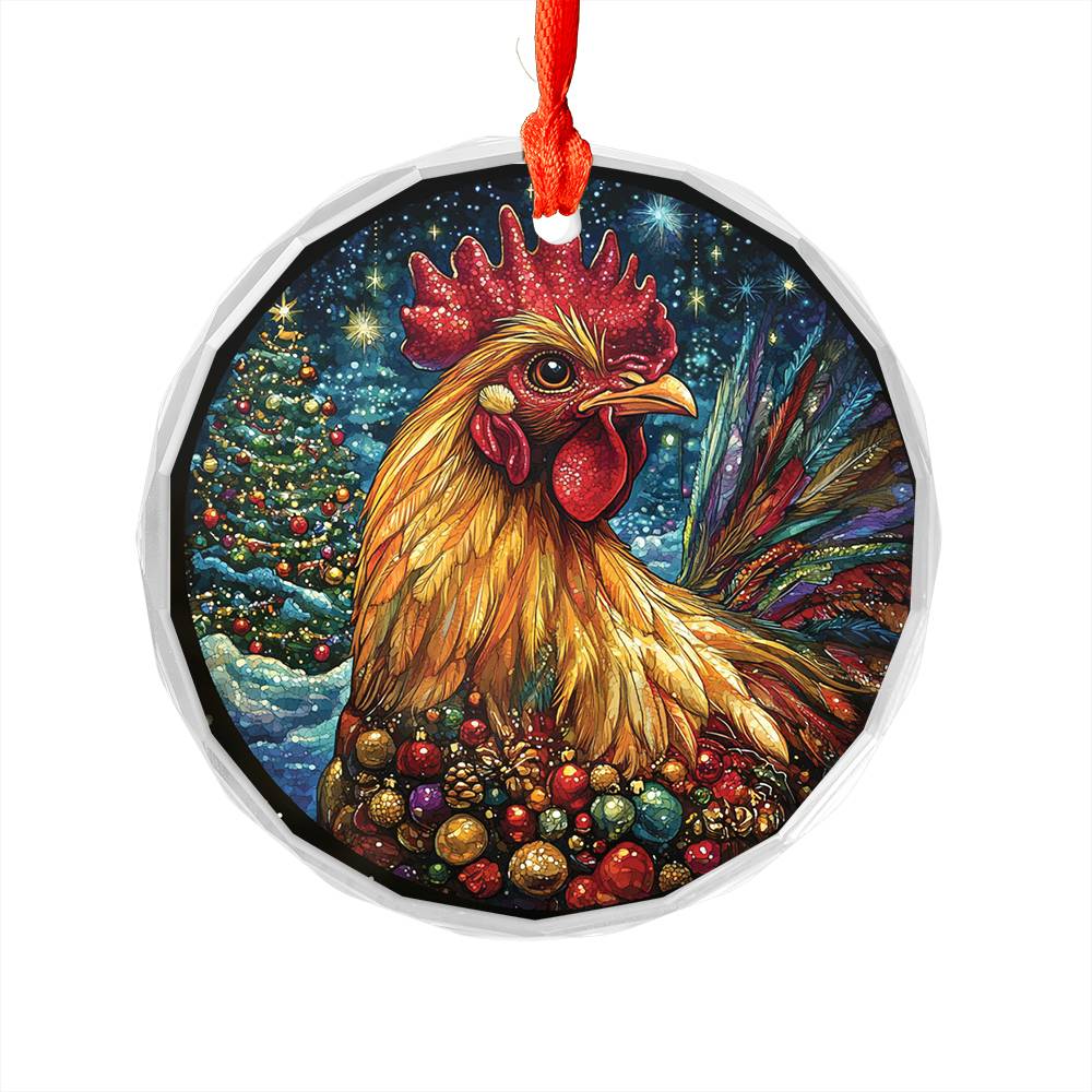 Beautiful Rooster Christmas Night Design 1 Glass Ornament