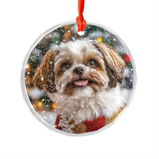 Beautiful Angus Shih Tzu Dog Christmas Night Design 2 Glass Ornament