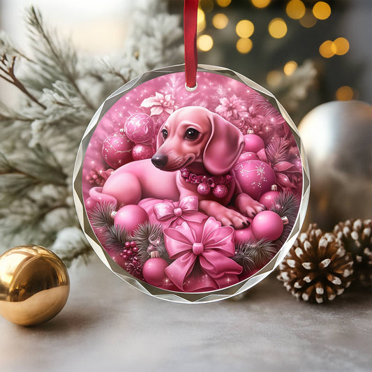 Dachshund Dog Pink Christmas Design 2 Glass Ornament