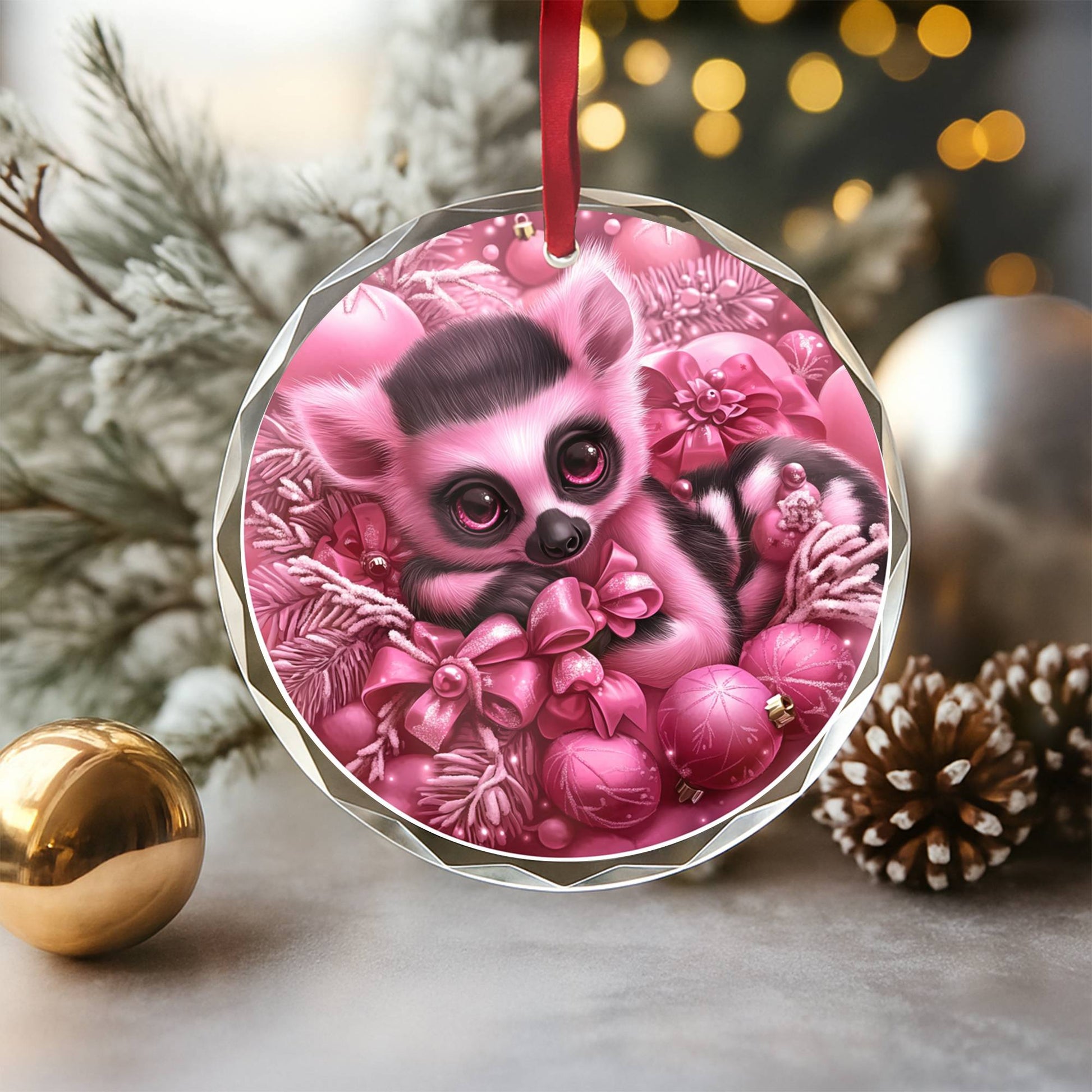 Lemur Pink Christmas Design 1 Glass Ornament