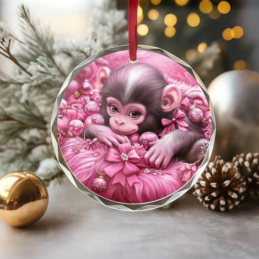 Monkey Pink Christmas Design 1 Glass Ornament