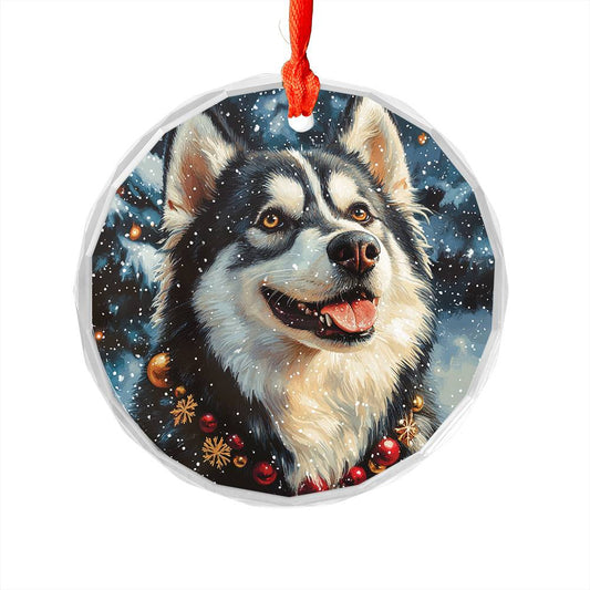 Beautiful Angus Huskie Dog Christmas Night Design 4 Glass Ornament