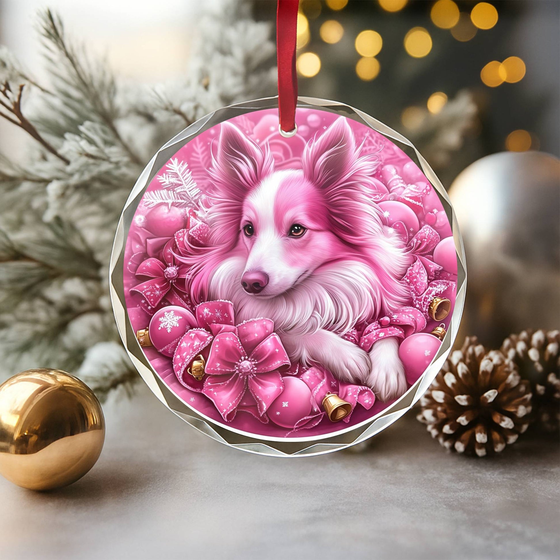 Collie Dog Pink Christmas Design 4 Glass Ornament