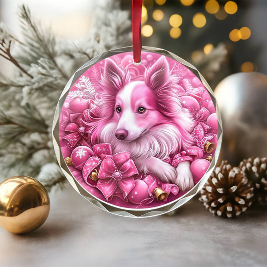 Collie Dog Pink Christmas Design 4 Glass Ornament