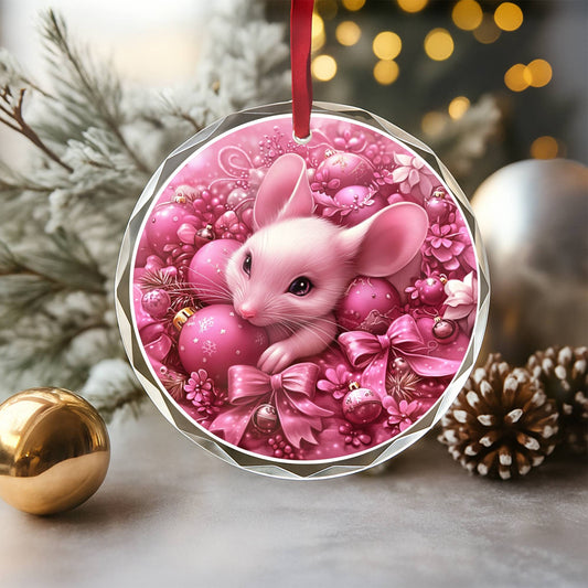 Mice Pink Christmas Design 1 Glass Ornament