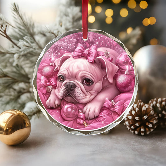 Bulldog Pink Christmas Design 1 Glass Ornament