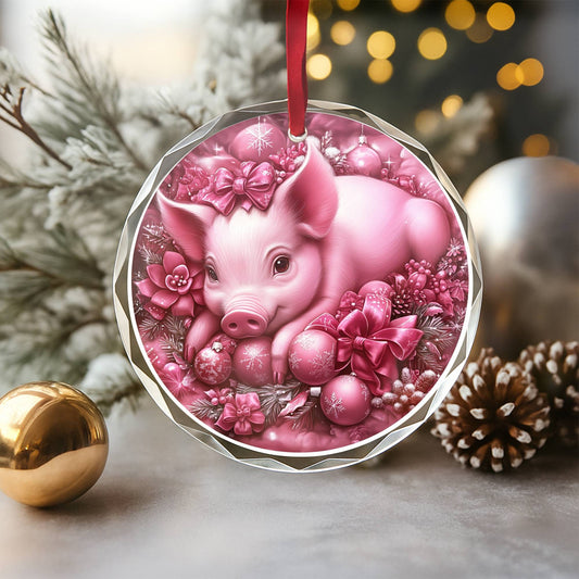 Pig Pink Christmas Design 3 Glass Ornament