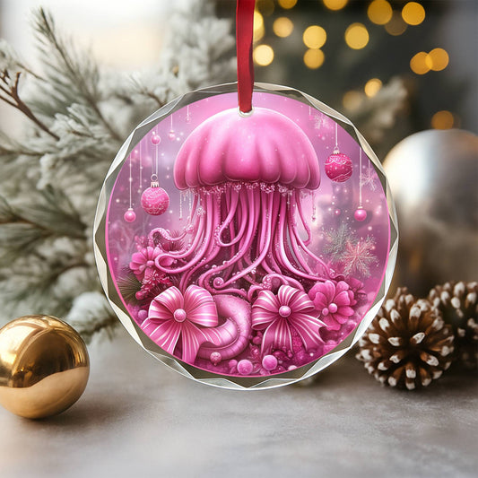 Jellyfish Pink Christmas Design 1 Glass Ornament