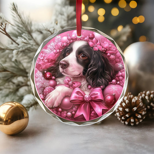 English Springer Spaniel Dog Pink Christmas Design 3 Glass Ornament