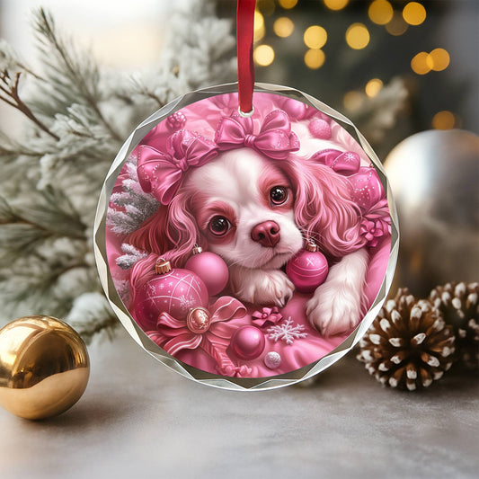 Cavalier King Charles Spaniel Dog Pink Christmas Design 2 Glass Ornament