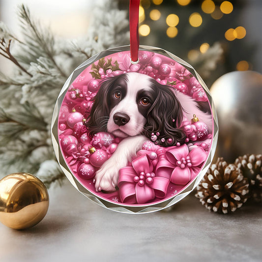English Springer Spaniel Dog Pink Christmas Design 4 Glass Ornament