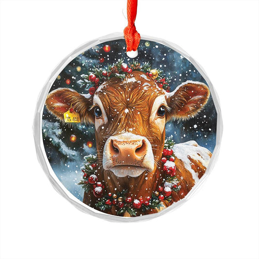 Beautiful Jersey Cow Christmas Night Design 2 Glass Ornament