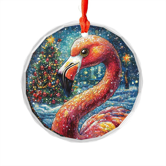 Beautiful Flamingo Christmas Night Design 1 Glass Ornament