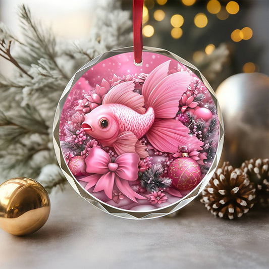 Goldfish Pink Christmas Design 1 Glass Ornament