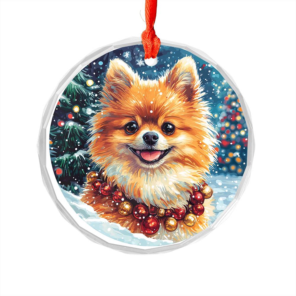 Beautiful Angus Pomeranian Dog Christmas Night Design 3 Glass Ornament