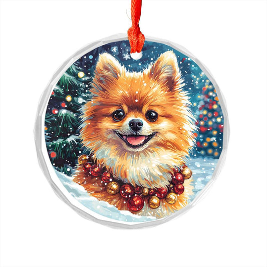 Beautiful Angus Pomeranian Dog Christmas Night Design 3 Glass Ornament