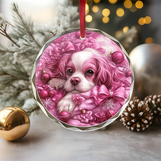 Cavalier King Charles Spaniel Dog Pink Christmas Design 1 Glass Ornament