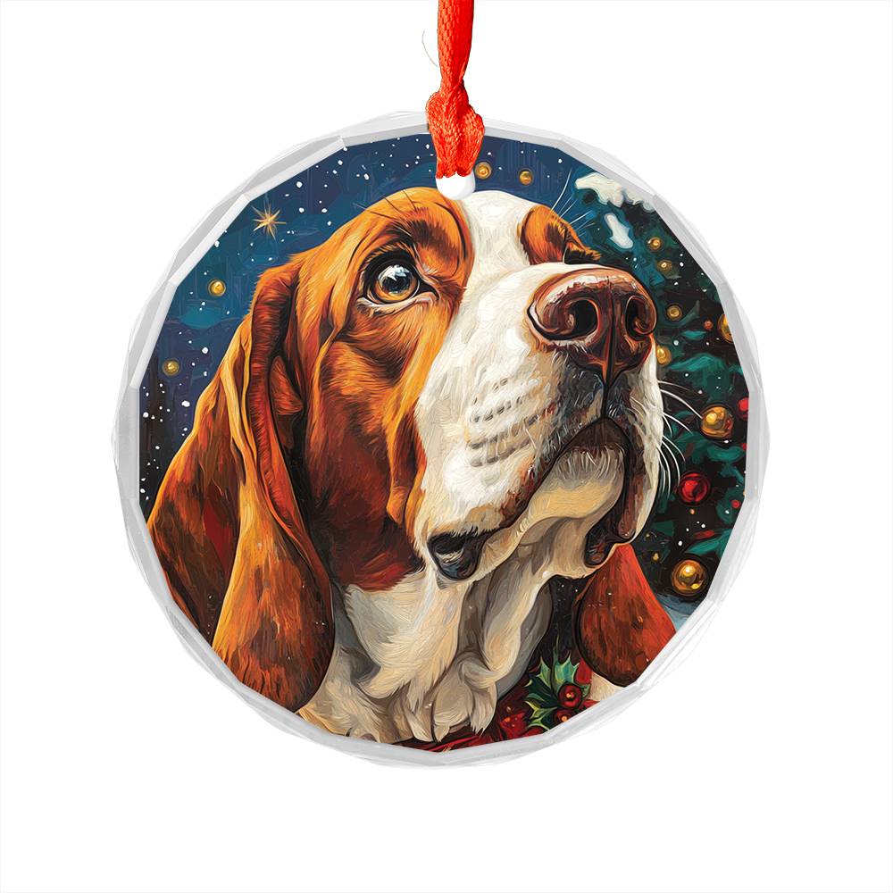Beautiful Bassett Hound Dog Christmas Night Design 1 Glass Ornament
