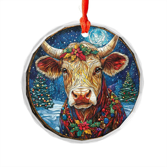 Beautiful Angus Cow Christmas Night Design 2 Glass Ornament