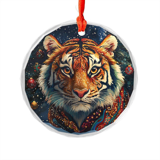 Beautiful Tiger Christmas Night Design 1 Glass Ornament