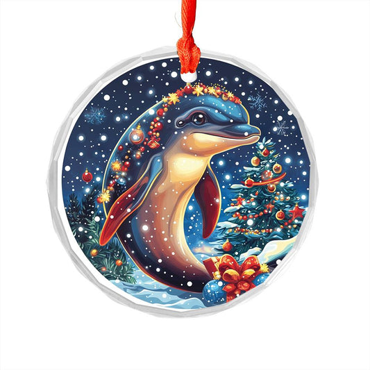 Beautiful Angus Dolphin Christmas Night Design 3 Glass Ornament