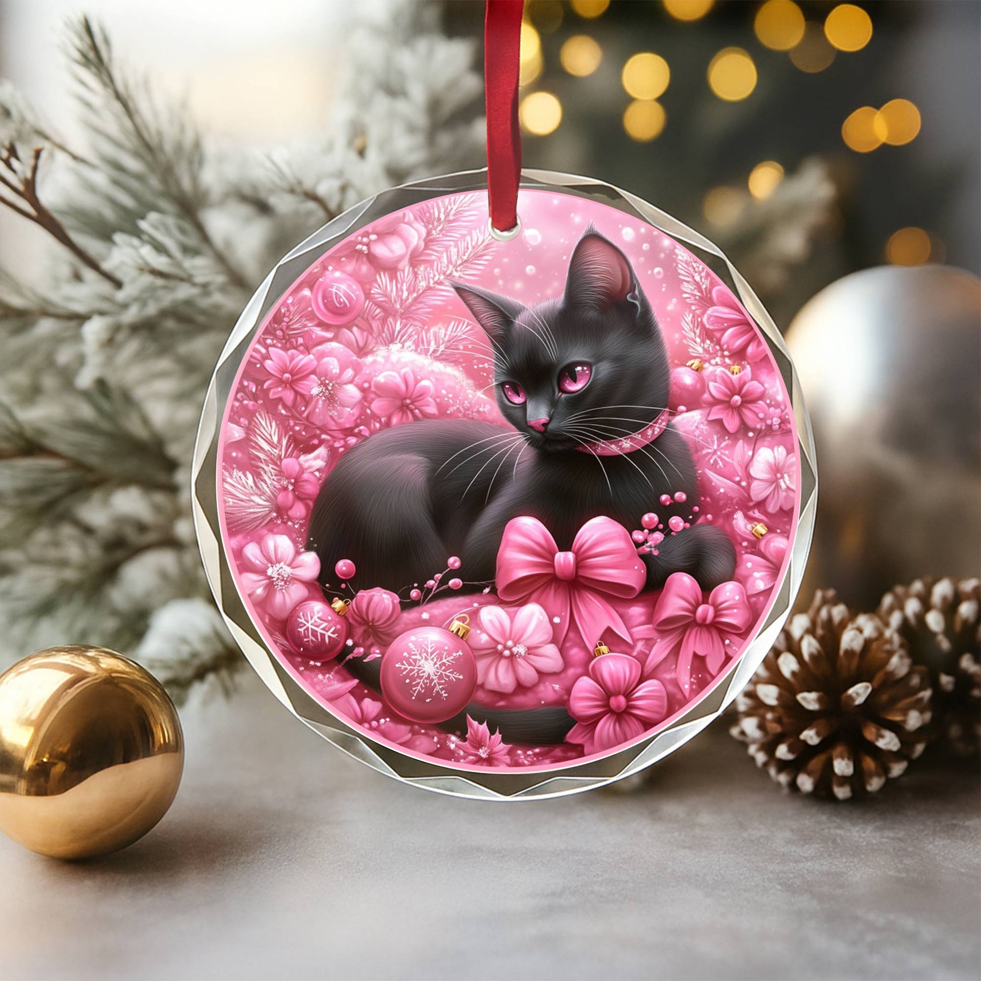Bombay Cat Pink Christmas Design 1 Glass Ornament