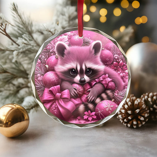 Racoon Pink Christmas Design 4 Glass Ornament