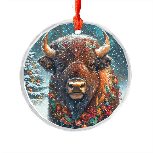 Beautiful Bison Christmas Night Design 2 Glass Ornament