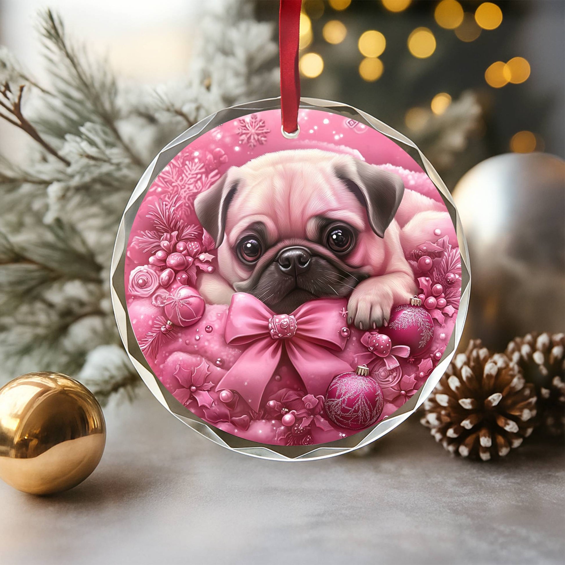 Pug Dog Pink Christmas Design 3 Glass Ornament