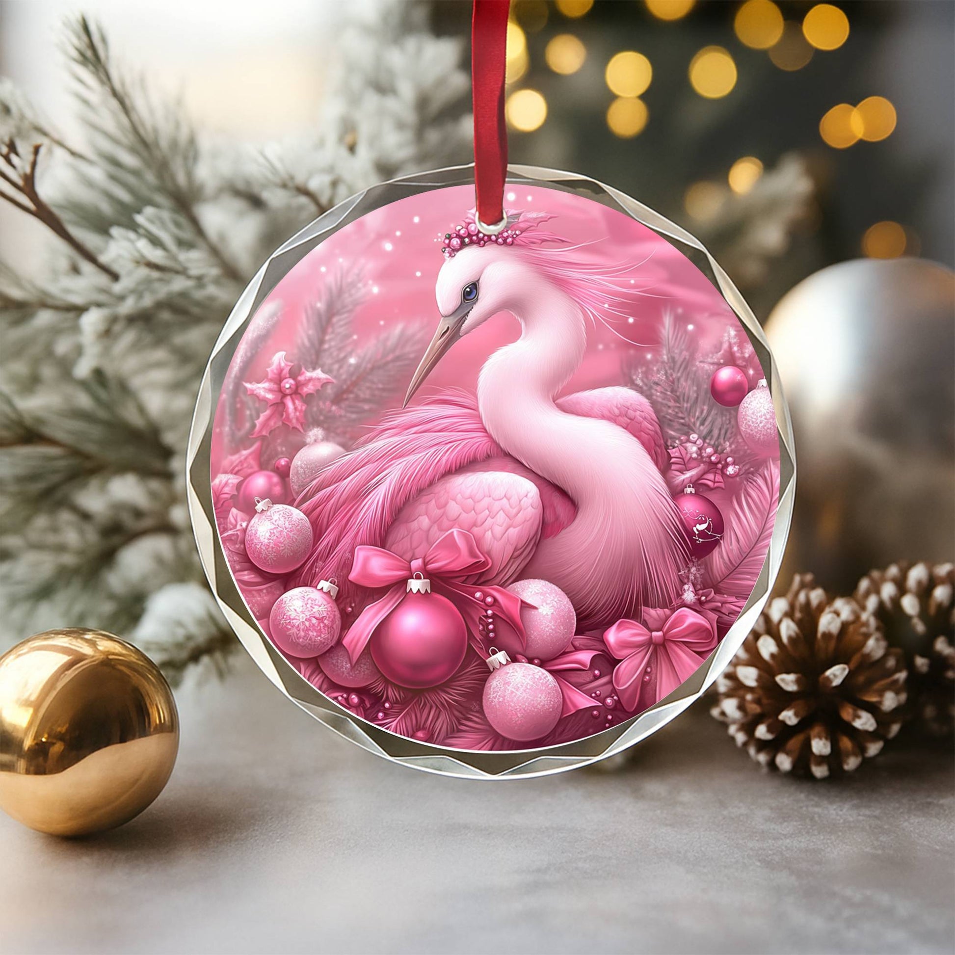 Heron Pink Christmas Design 4 Glass Ornament