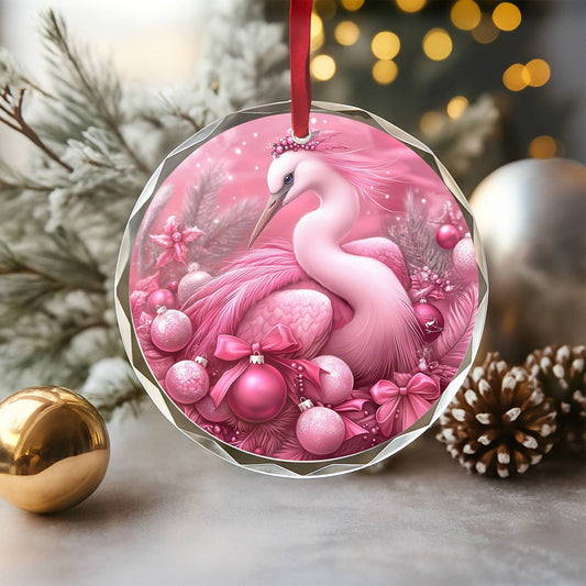 Heron Pink Christmas Design 4 Glass Ornament