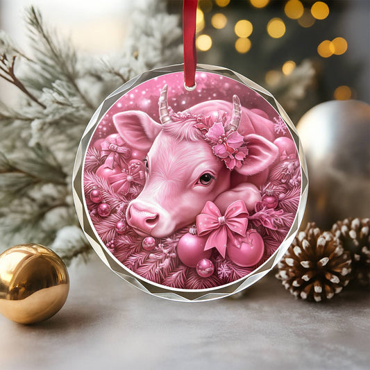 Hereford Cow Pink Christmas Design 2 Glass Ornament