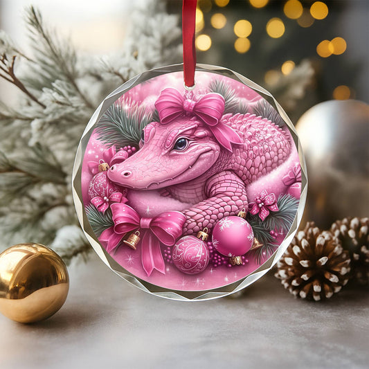 Alligator Pink Christmas Design 1 Glass Ornament